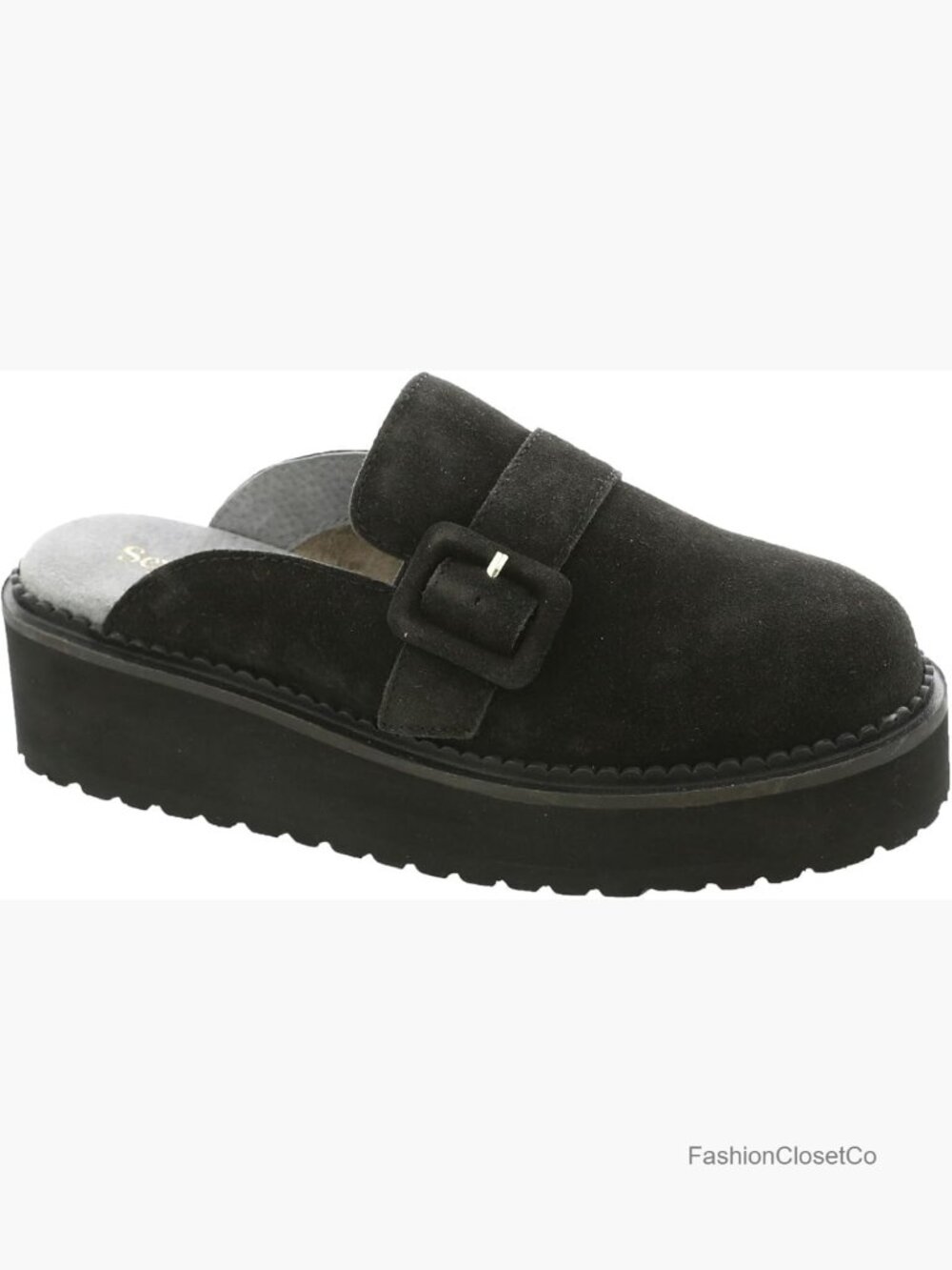Suede Slip-On Mule with Buckle Strap Detail, Platform Heel - Picture 1 of 6